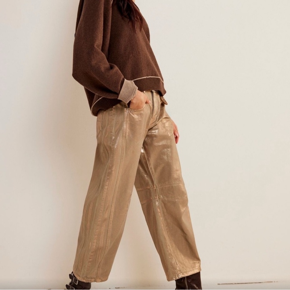 Free People Good Luck Metallic Barrel Jeans